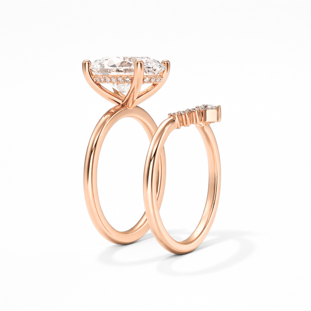 Oval Solitaire Hidden Halo and Contour Band with Pear Accent Lab Grown Diamond Ring Set (2 Rings) in 18K Gold