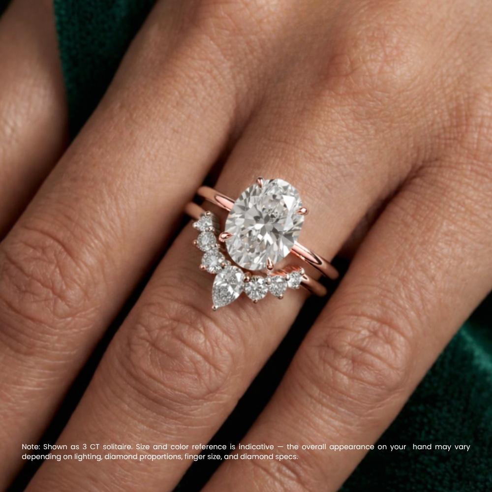 Oval Solitaire Hidden Halo and Contour Band with Pear Accent Lab Grown Diamond Ring Set (2 Rings) in 18K Gold