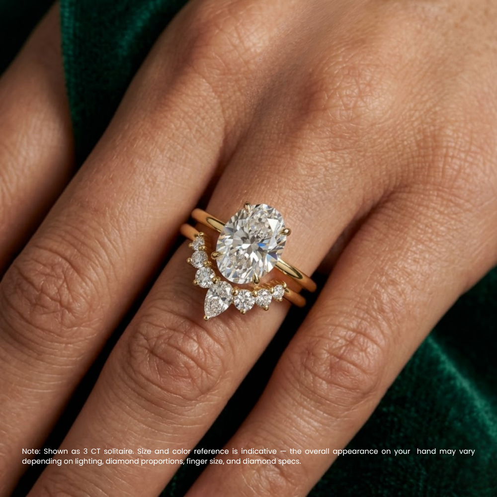 Oval Solitaire Hidden Halo and Contour Band with Pear Accent Lab Grown Diamond Ring Set (2 Rings) in 18K Gold