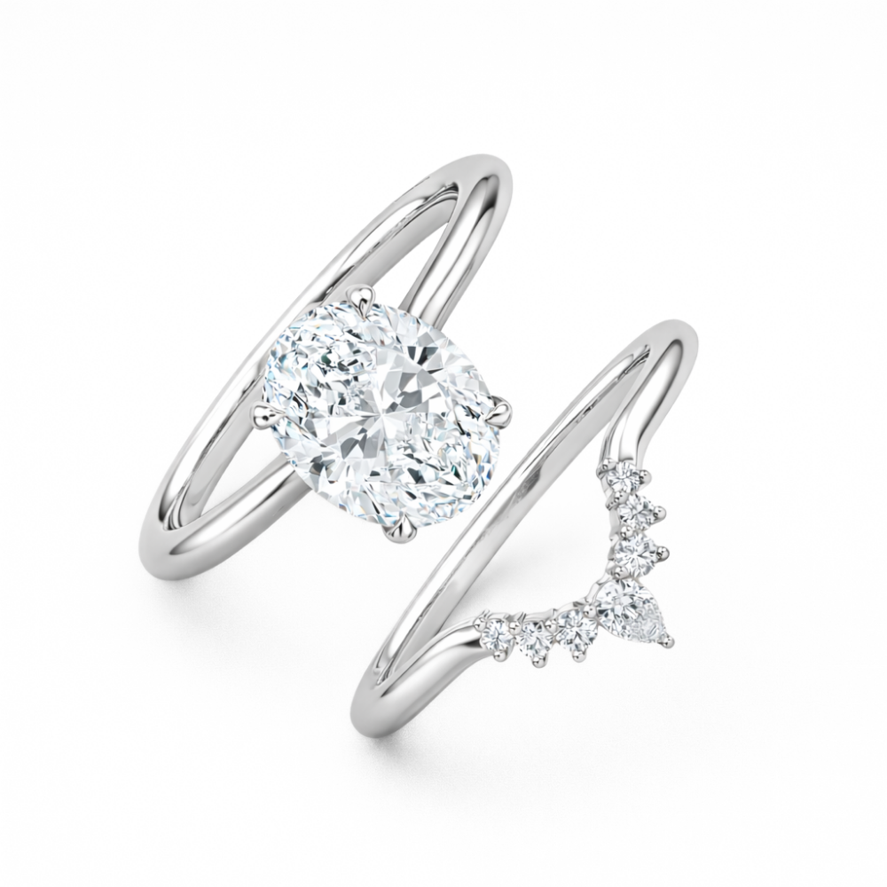 Oval Solitaire Hidden Halo and Contour Band with Pear Accent Lab Grown Diamond Ring Set (2 Rings) in 18K Gold