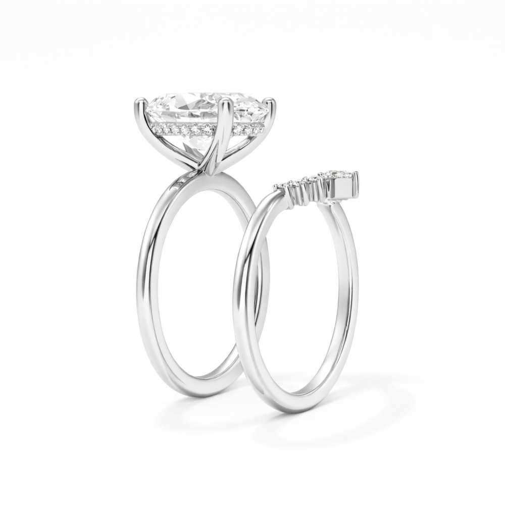 Oval Solitaire Hidden Halo and Contour Band with Pear Accent Lab Grown Diamond Ring Set (2 Rings) in 18K Gold