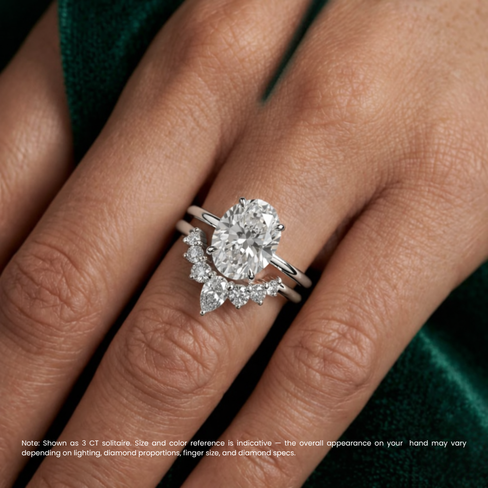 Oval Solitaire Hidden Halo and Contour Band with Pear Accent Lab Grown Diamond Ring Set (2 Rings) in 18K Gold