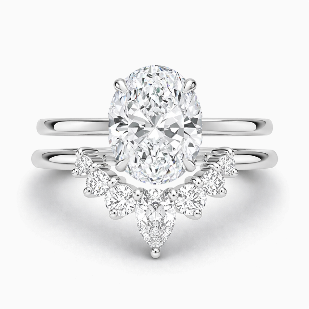 Oval Solitaire Hidden Halo and Contour Band with Pear Accent Lab Grown Diamond Ring Set (2 Rings) in 18K Gold