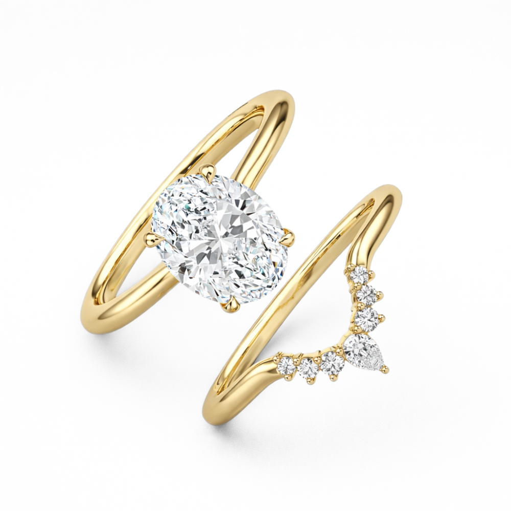 Oval Solitaire Hidden Halo and Contour Band with Pear Accent Lab Grown Diamond Ring Set (2 Rings) in 18K Gold