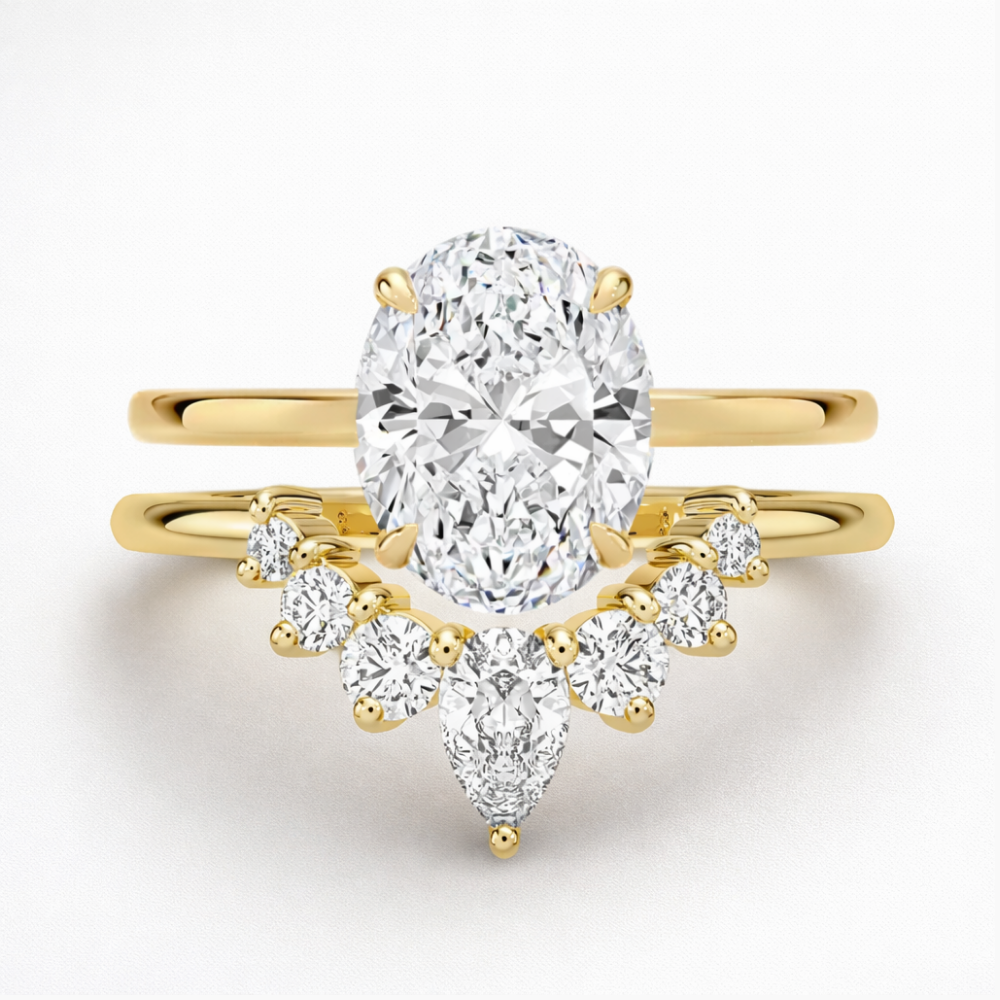 Oval Solitaire Hidden Halo and Contour Band with Pear Accent Lab Grown Diamond Ring Set (2 Rings) in 18K Gold