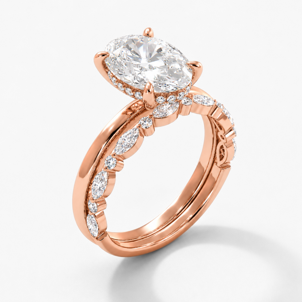 Oval Solitaire Hidden Halo and Marquise & Round Accents Band Lab Grown Diamond Ring Set (2 Rings) in 18K Gold