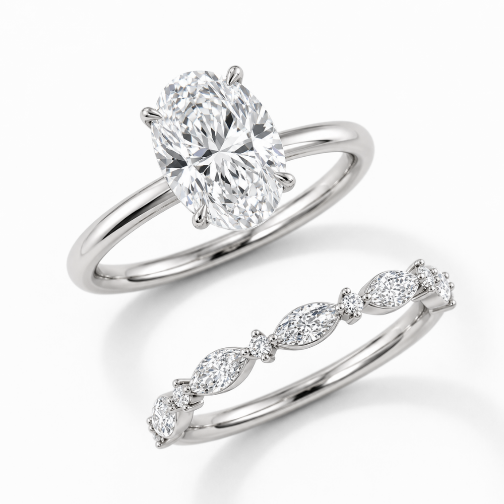 Oval Solitaire Hidden Halo and Marquise & Round Accents Band Lab Grown Diamond Ring Set (2 Rings) in 18K Gold