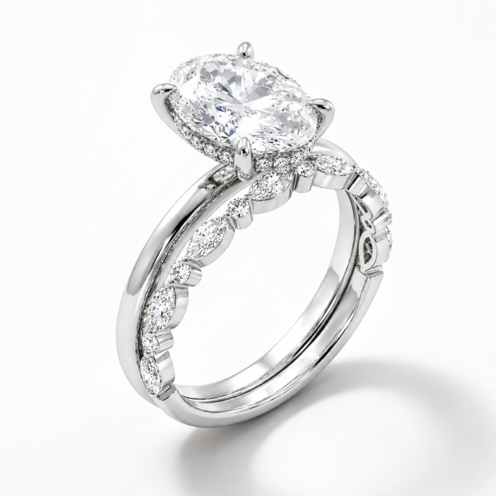 Oval Solitaire Hidden Halo and Marquise & Round Accents Band Lab Grown Diamond Ring Set (2 Rings) in 18K Gold