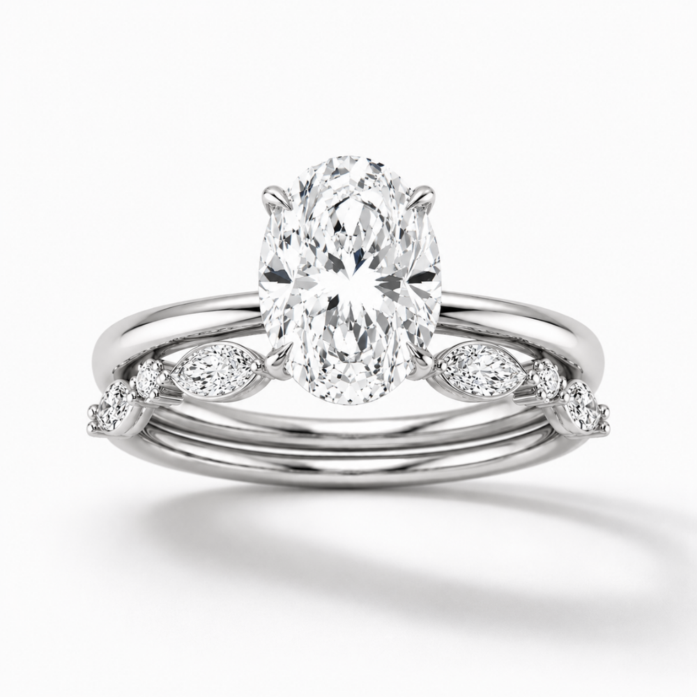 Oval Solitaire Hidden Halo and Marquise & Round Accents Band Lab Grown Diamond Ring Set (2 Rings) in 18K Gold