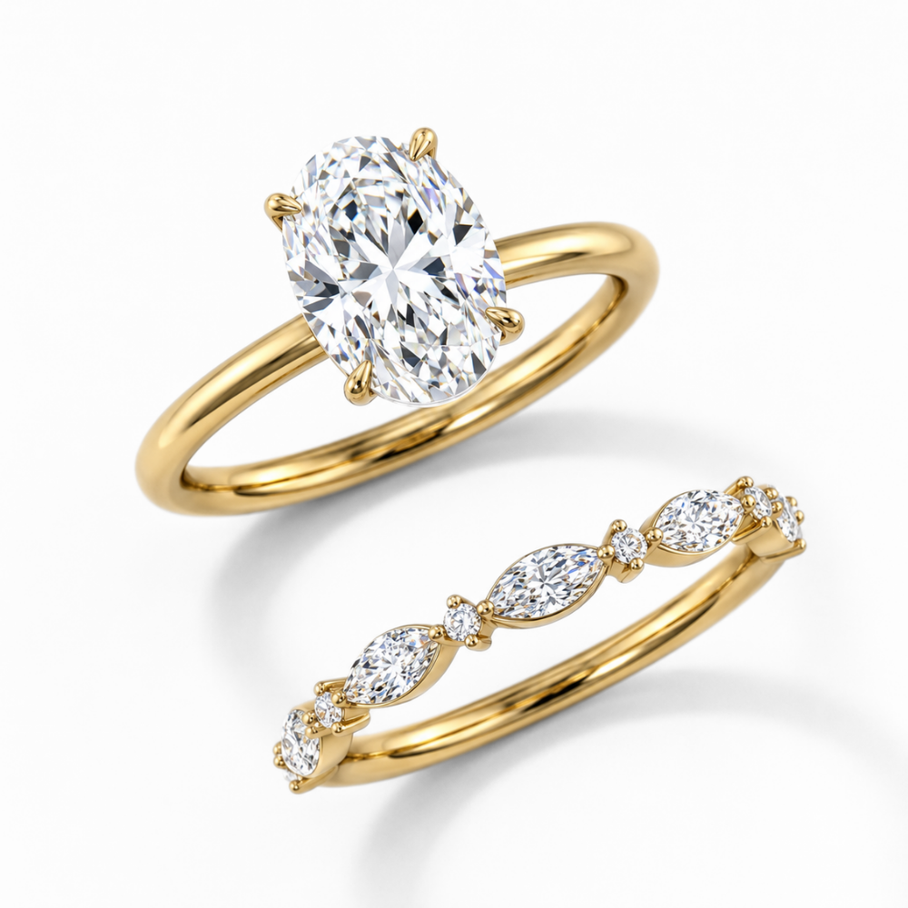 Oval Solitaire Hidden Halo and Marquise & Round Accents Band Lab Grown Diamond Ring Set (2 Rings) in 18K Gold