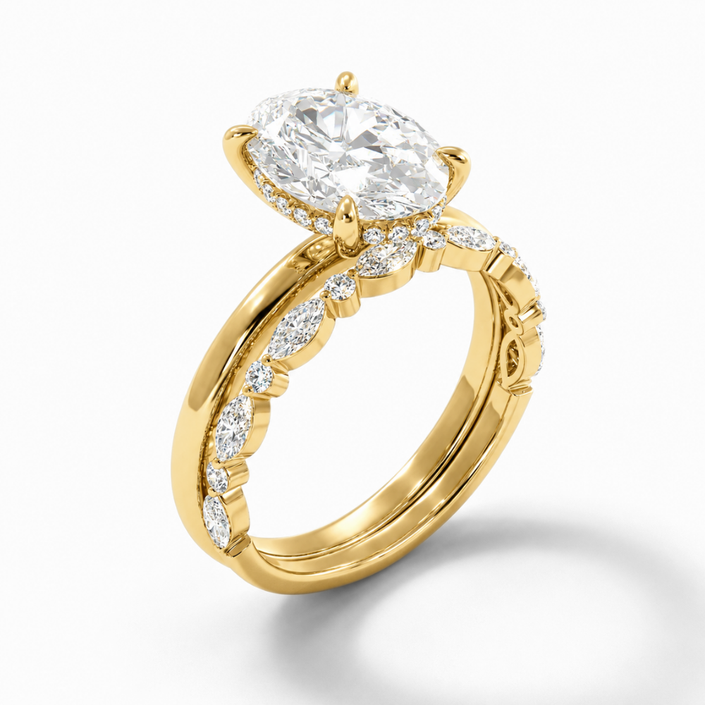Oval Solitaire Hidden Halo and Marquise & Round Accents Band Lab Grown Diamond Ring Set (2 Rings) in 18K Gold