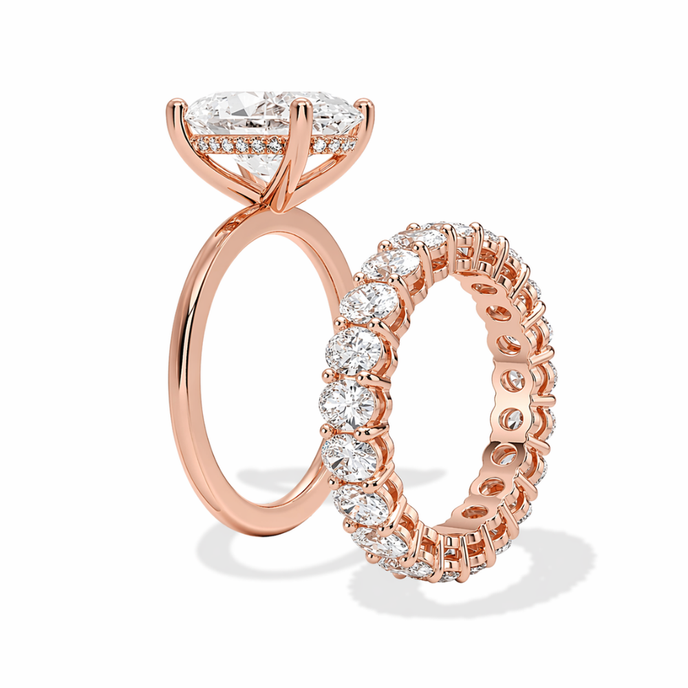 Oval Solitaire Hidden Halo and Oval Eternity Lab Grown Diamond Ring Set (2 Rings) in 18K Gold