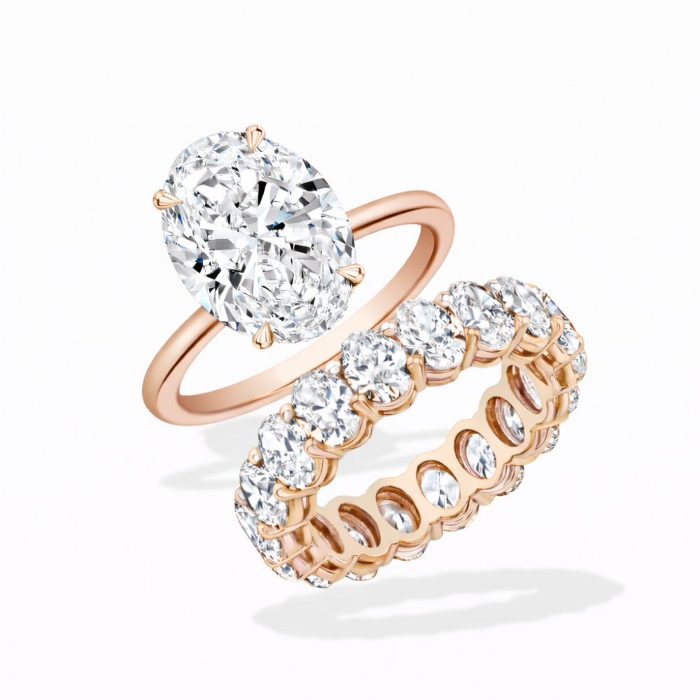 Oval Solitaire Hidden Halo and Oval Eternity Lab Grown Diamond Ring Set (2 Rings) in 18K Gold
