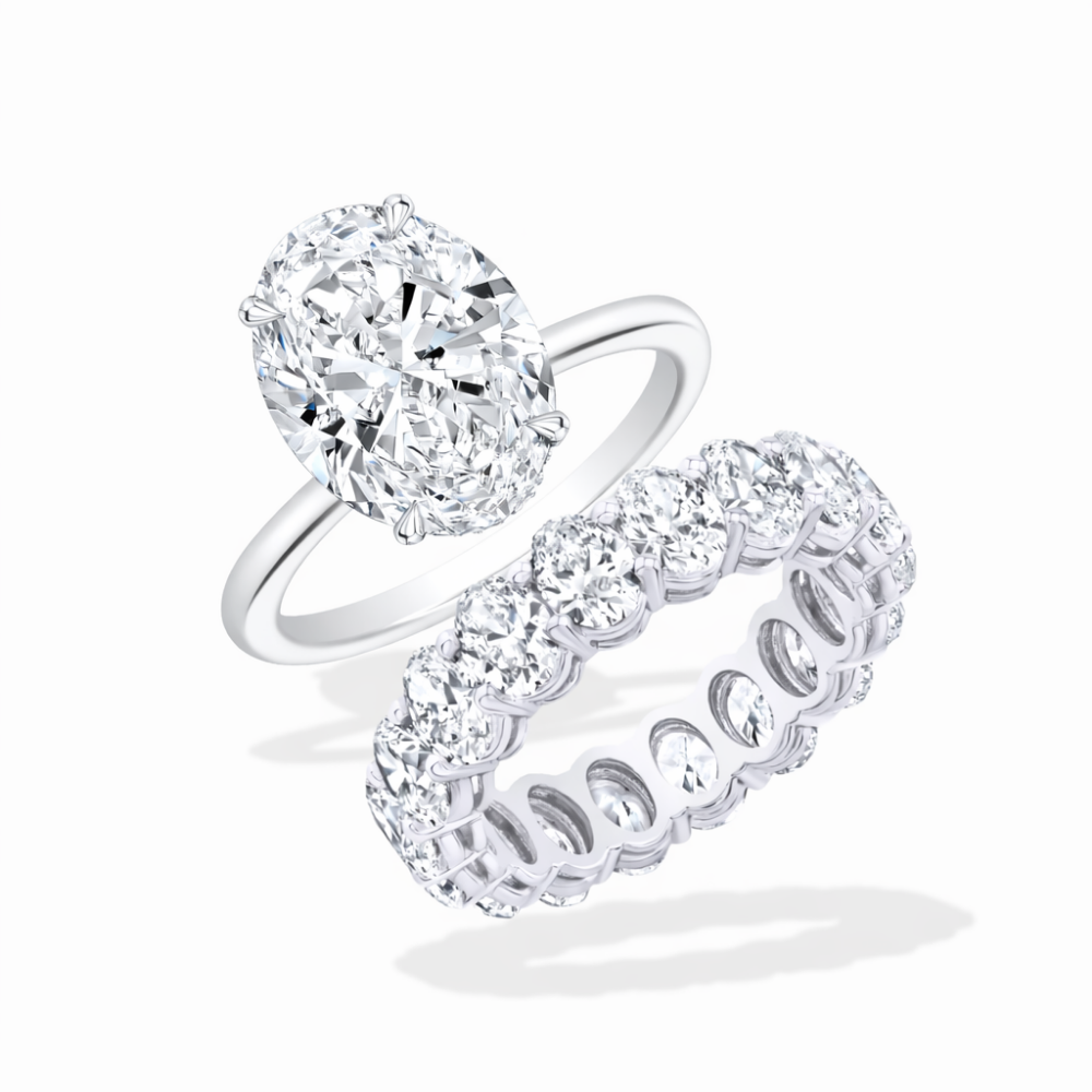 Oval Solitaire Hidden Halo and Oval Eternity Lab Grown Diamond Ring Set (2 Rings) in 18K Gold