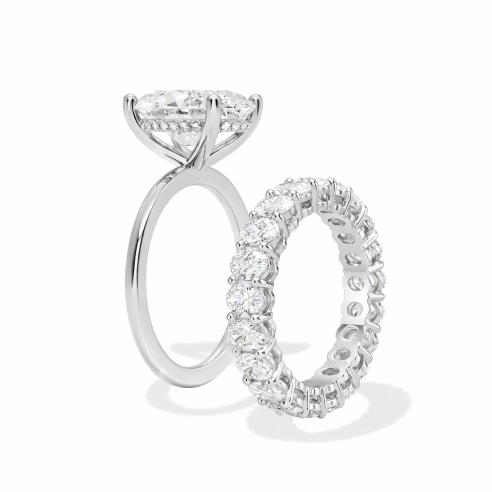 Oval Solitaire Hidden Halo and Oval Eternity Lab Grown Diamond Ring Set (2 Rings) in 18K Gold