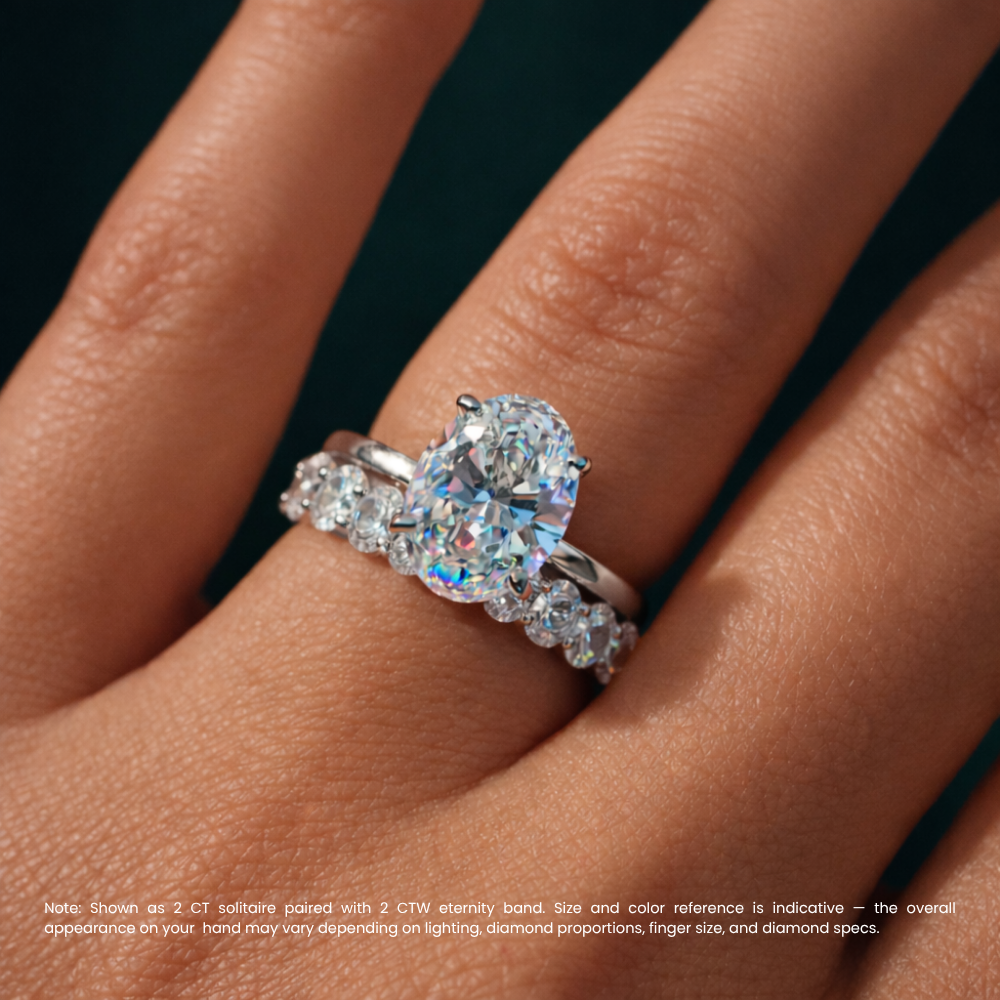 Oval Solitaire Hidden Halo and Oval Eternity Lab Grown Diamond Ring Set (2 Rings) in 18K Gold