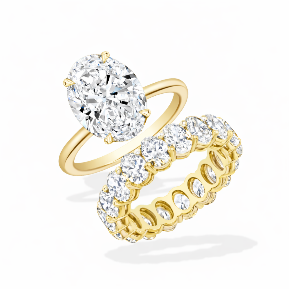 Oval Solitaire Hidden Halo and Oval Eternity Lab Grown Diamond Ring Set (2 Rings) in 18K Gold