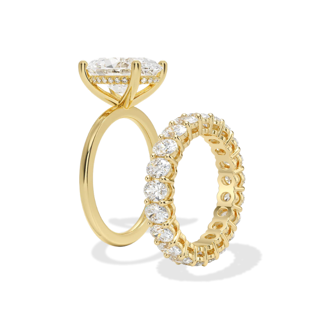 Oval Solitaire Hidden Halo and Oval Eternity Lab Grown Diamond Ring Set (2 Rings) in 18K Gold