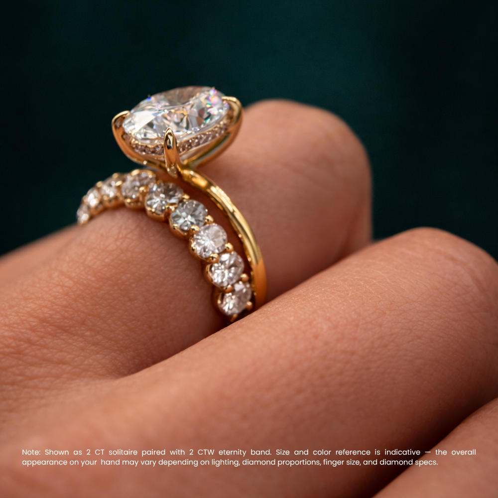 Oval Solitaire Hidden Halo and Oval Eternity Lab Grown Diamond Ring Set (2 Rings) in 18K Gold