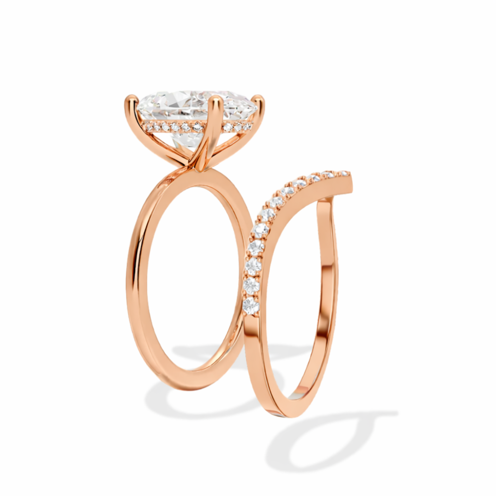 Oval Solitaire Hidden Halo and V-shaped Pave Band Lab Grown Diamond Ring Set (2 Rings) in 18K Gold