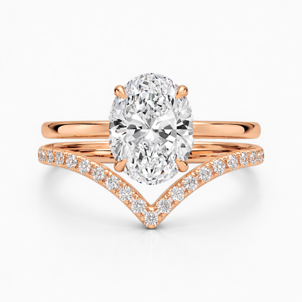 Oval Solitaire Hidden Halo and V-shaped Pave Band Lab Grown Diamond Ring Set (2 Rings) in 18K Gold