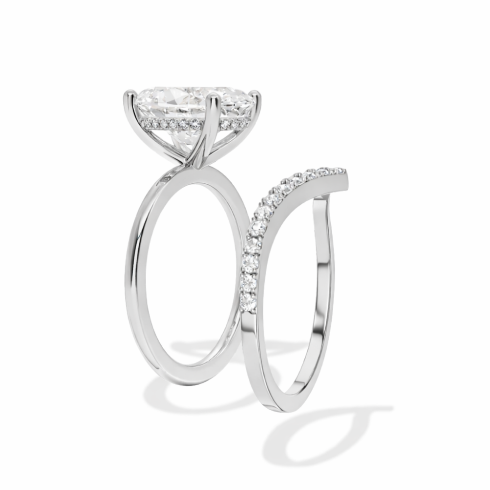 Oval Solitaire Hidden Halo and V-shaped Pave Band Lab Grown Diamond Ring Set (2 Rings) in 18K Gold
