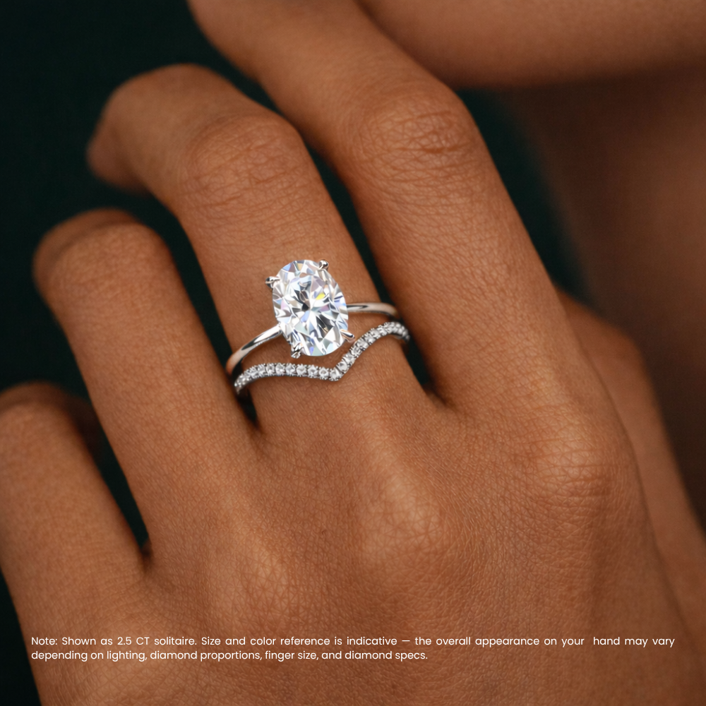 Oval Solitaire Hidden Halo and V-shaped Pave Band Lab Grown Diamond Ring Set (2 Rings) in 18K Gold