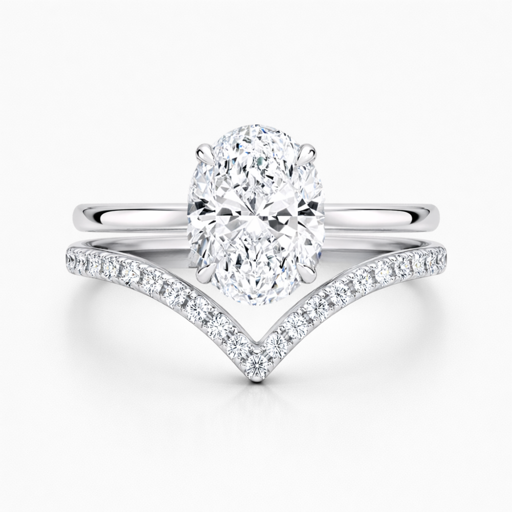 Oval Solitaire Hidden Halo and V-shaped Pave Band Lab Grown Diamond Ring Set (2 Rings) in 18K Gold