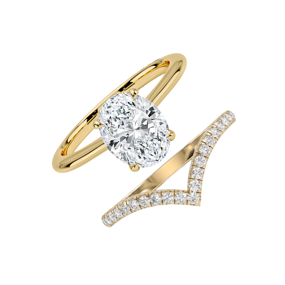 Oval Solitaire Hidden Halo and V-shaped Pave Band Lab Grown Diamond Ring Set (2 Rings) in 18K Gold
