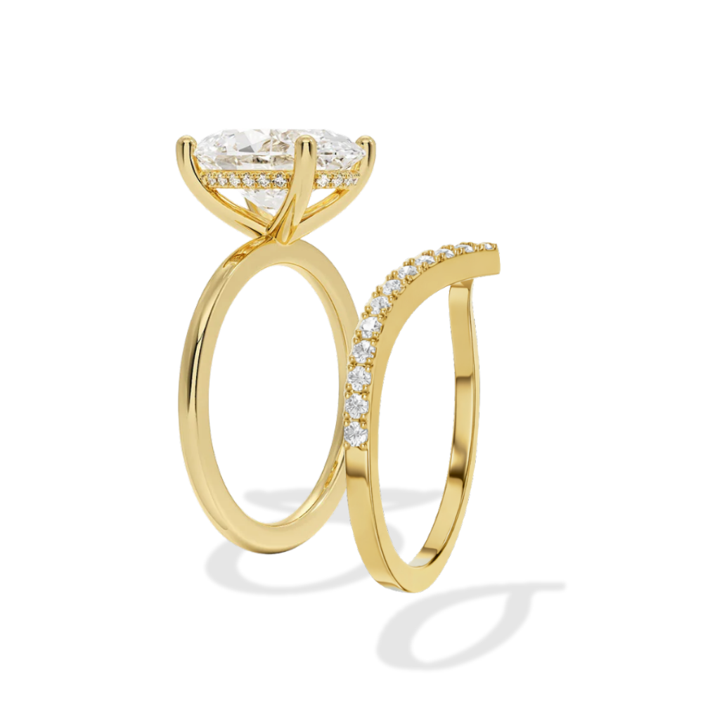Oval Solitaire Hidden Halo and V-shaped Pave Band Lab Grown Diamond Ring Set (2 Rings) in 18K Gold