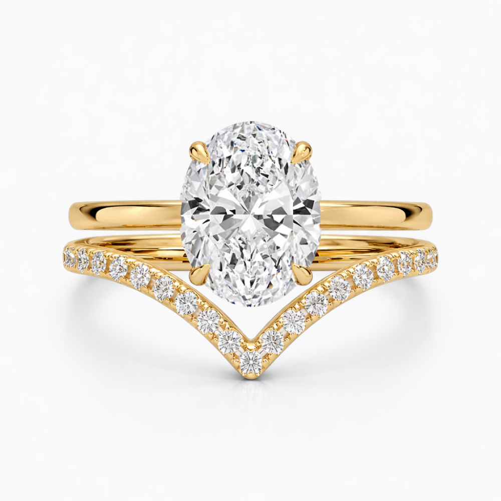 Oval Solitaire Hidden Halo and V-shaped Pave Band Lab Grown Diamond Ring Set (2 Rings) in 18K Gold