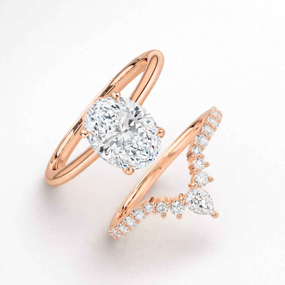 Oval Solitaire Hidden Halo and V-shaped Pave Band with Pear Accent Lab Grown Diamond Ring Set (2 Rings) in 18K Gold