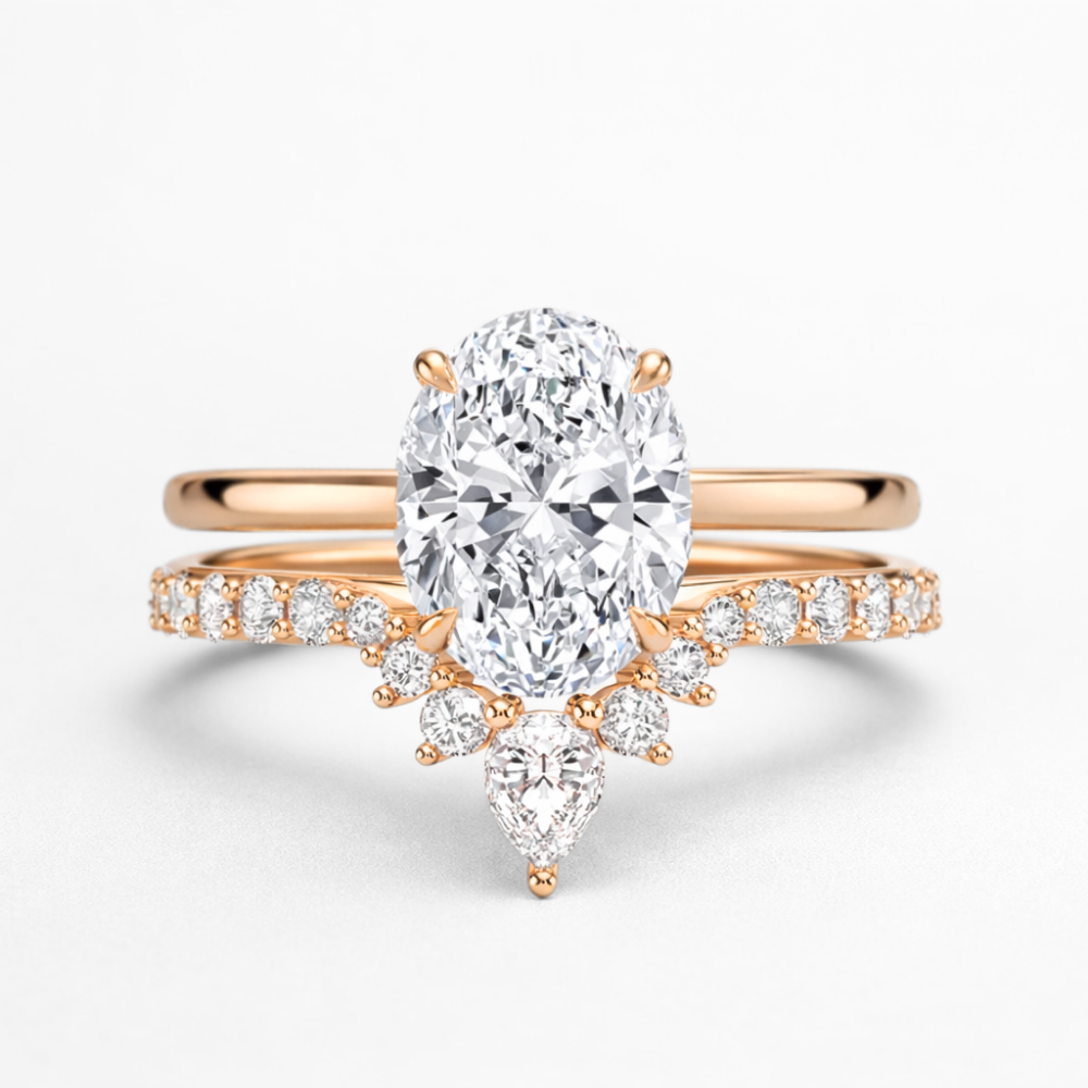 Oval Solitaire Hidden Halo and V-shaped Pave Band with Pear Accent Lab Grown Diamond Ring Set (2 Rings) in 18K Gold