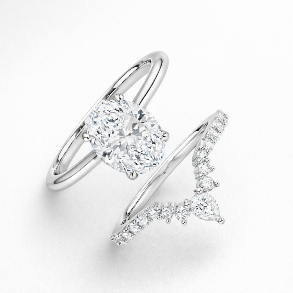 Oval Solitaire Hidden Halo and V-shaped Pave Band with Pear Accent Lab Grown Diamond Ring Set (2 Rings) in 18K Gold