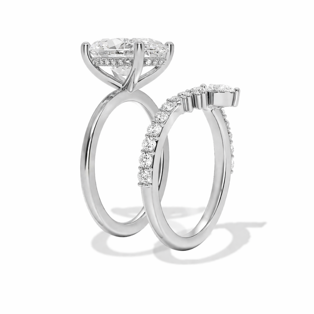 Oval Solitaire Hidden Halo and V-shaped Pave Band with Pear Accent Lab Grown Diamond Ring Set (2 Rings) in 18K Gold