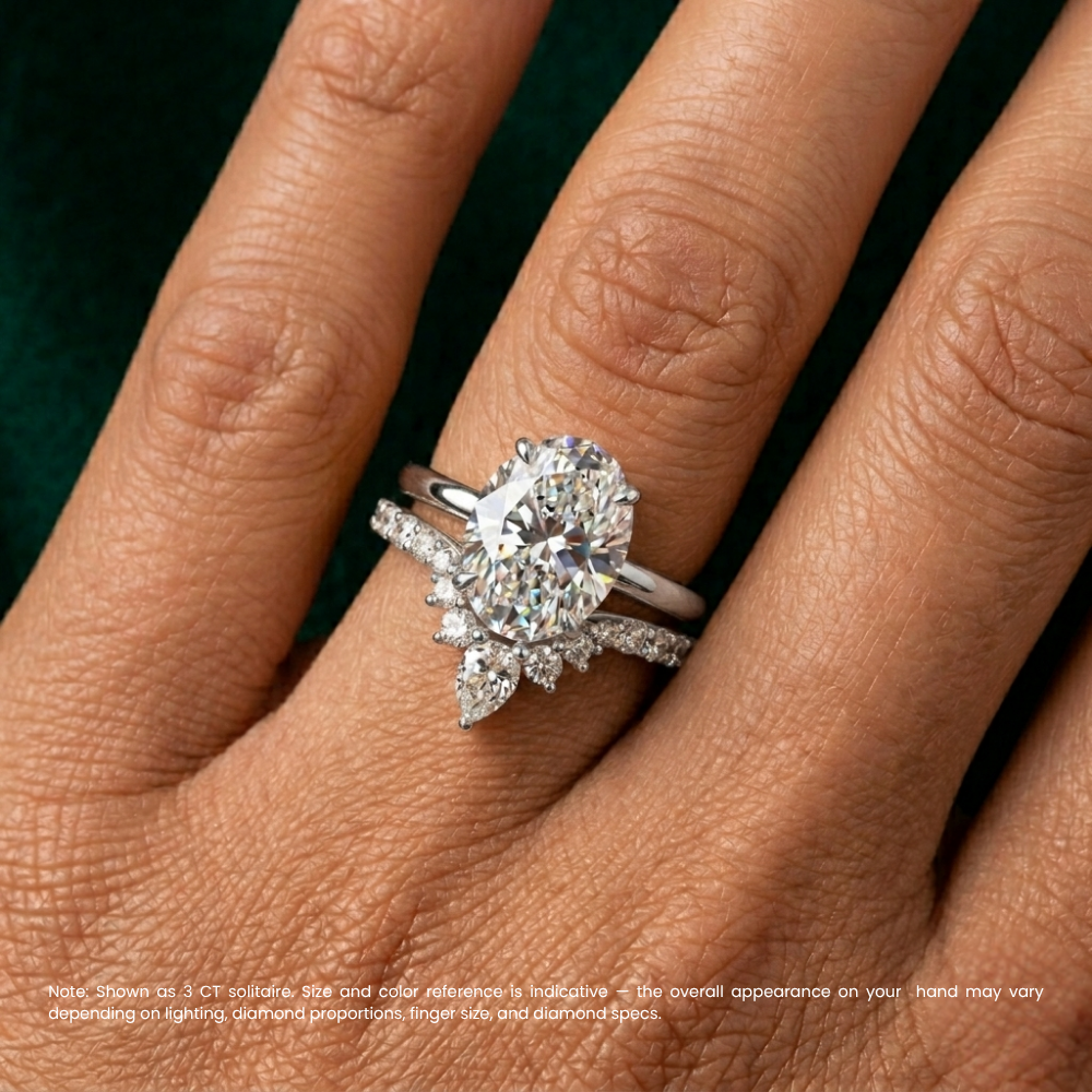Oval Solitaire Hidden Halo and V-shaped Pave Band with Pear Accent Lab Grown Diamond Ring Set (2 Rings) in 18K Gold