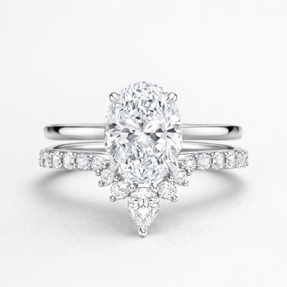 Oval Solitaire Hidden Halo and V-shaped Pave Band with Pear Accent Lab Grown Diamond Ring Set (2 Rings) in 18K Gold
