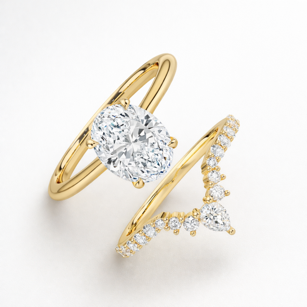 Oval Solitaire Hidden Halo and V-shaped Pave Band with Pear Accent Lab Grown Diamond Ring Set (2 Rings) in 18K Gold