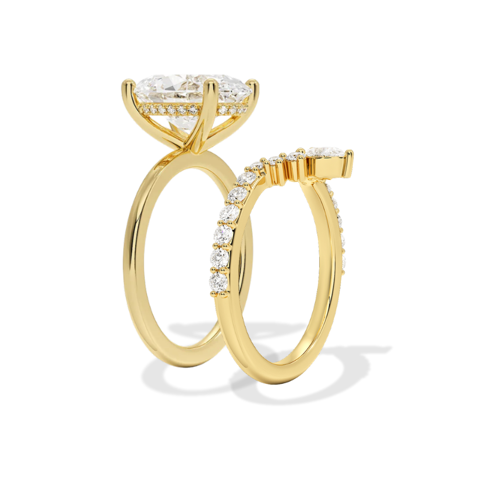 Oval Solitaire Hidden Halo and V-shaped Pave Band with Pear Accent Lab Grown Diamond Ring Set (2 Rings) in 18K Gold