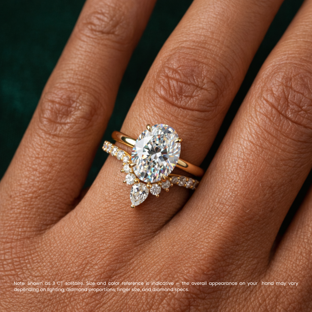 Oval Solitaire Hidden Halo and V-shaped Pave Band with Pear Accent Lab Grown Diamond Ring Set (2 Rings) in 18K Gold