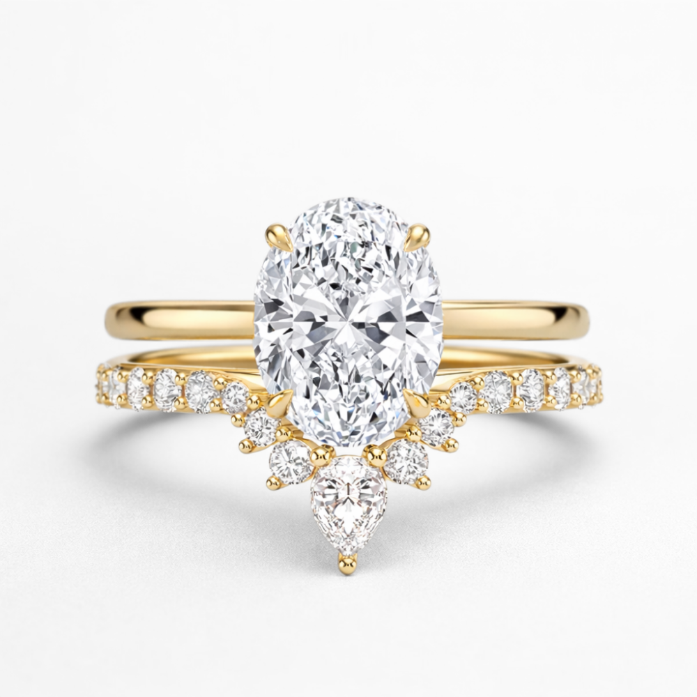 Oval Solitaire Hidden Halo and V-shaped Pave Band with Pear Accent Lab Grown Diamond Ring Set (2 Rings) in 18K Gold