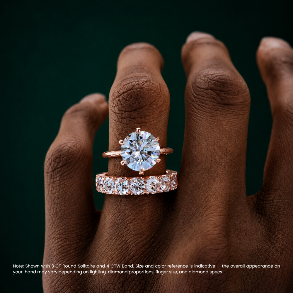 Round Solitaire Six Prongs Tulip Setting and Round Eternity Band Lab Grown Diamond Ring Set (2 Rings) in 18K Gold