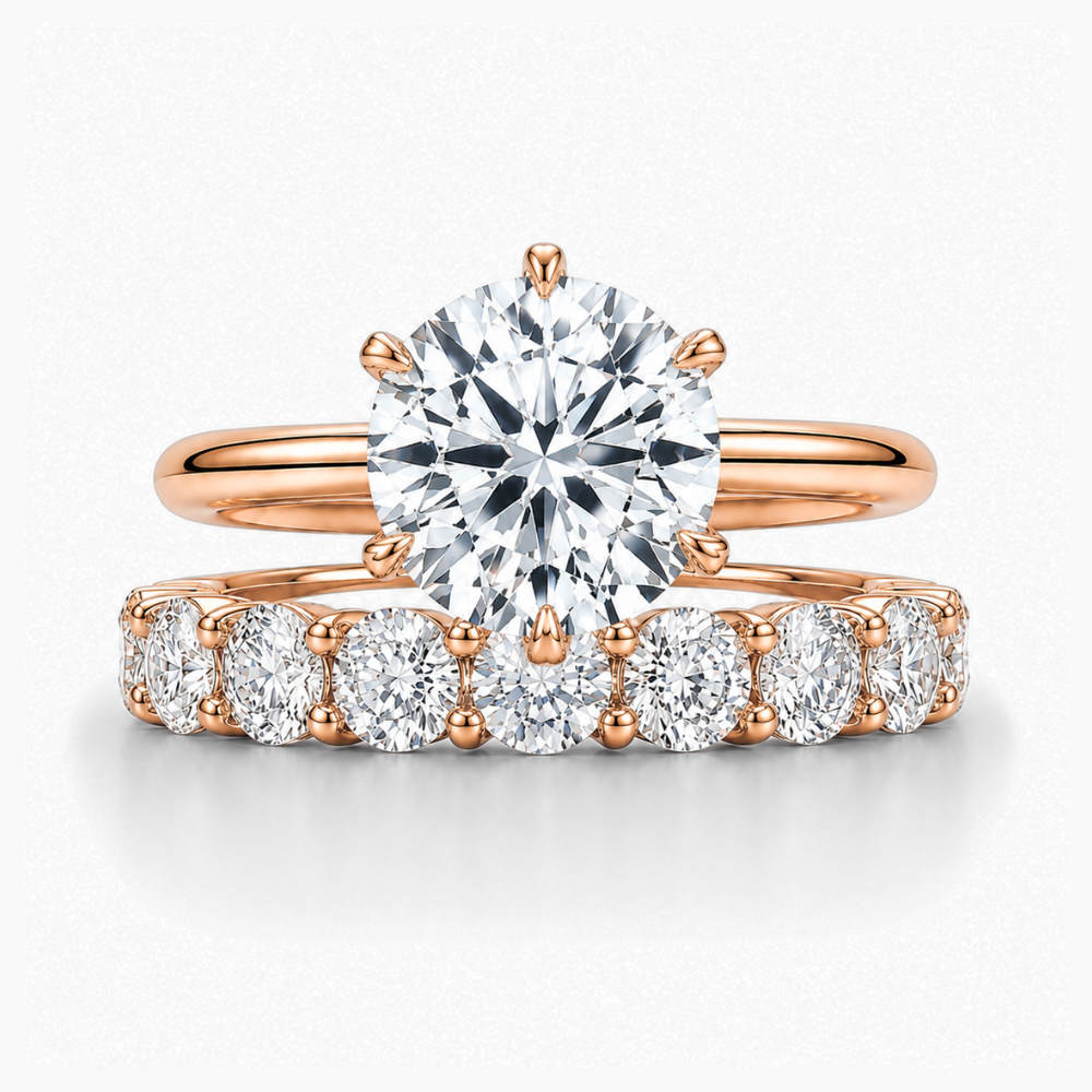Round Solitaire Six Prongs Tulip Setting and Round Eternity Band Lab Grown Diamond Ring Set (2 Rings) in 18K Gold