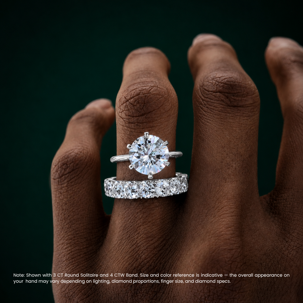Round Solitaire Six Prongs Tulip Setting and Round Eternity Band Lab Grown Diamond Ring Set (2 Rings) in 18K Gold
