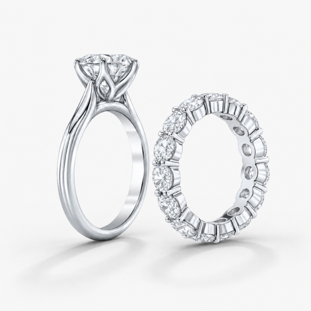 Round Solitaire Six Prongs Tulip Setting and Round Eternity Band Lab Grown Diamond Ring Set (2 Rings) in 18K Gold