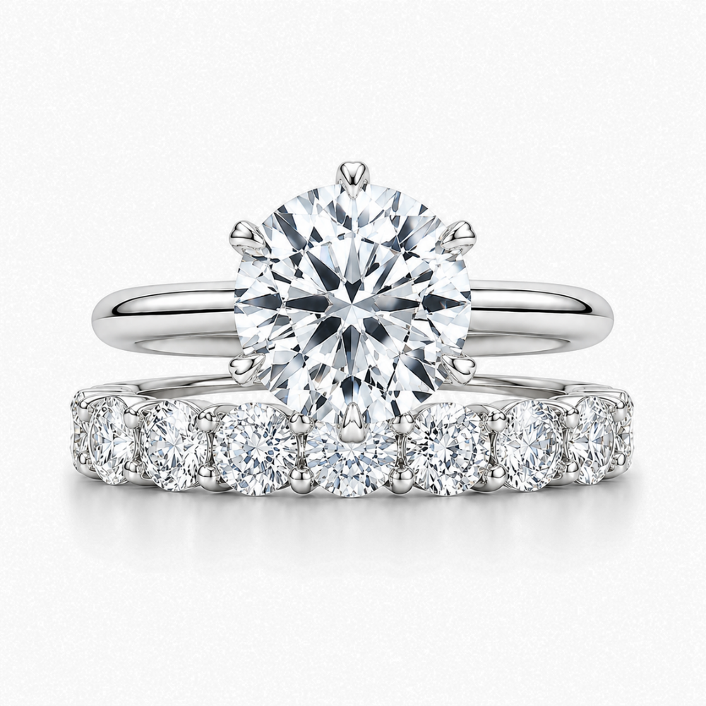 Round Solitaire Six Prongs Tulip Setting and Round Eternity Band Lab Grown Diamond Ring Set (2 Rings) in 18K Gold