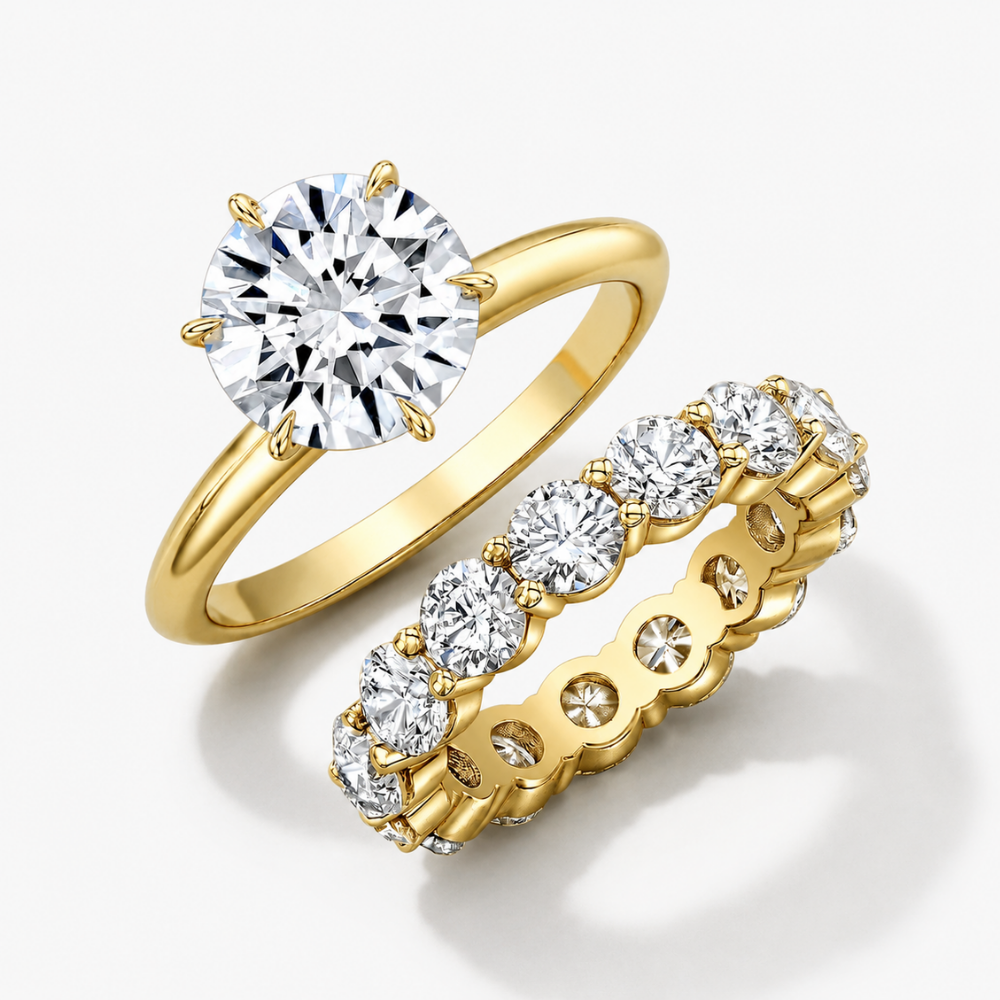 Round Solitaire Six Prongs Tulip Setting and Round Eternity Band Lab Grown Diamond Ring Set (2 Rings) in 18K Gold