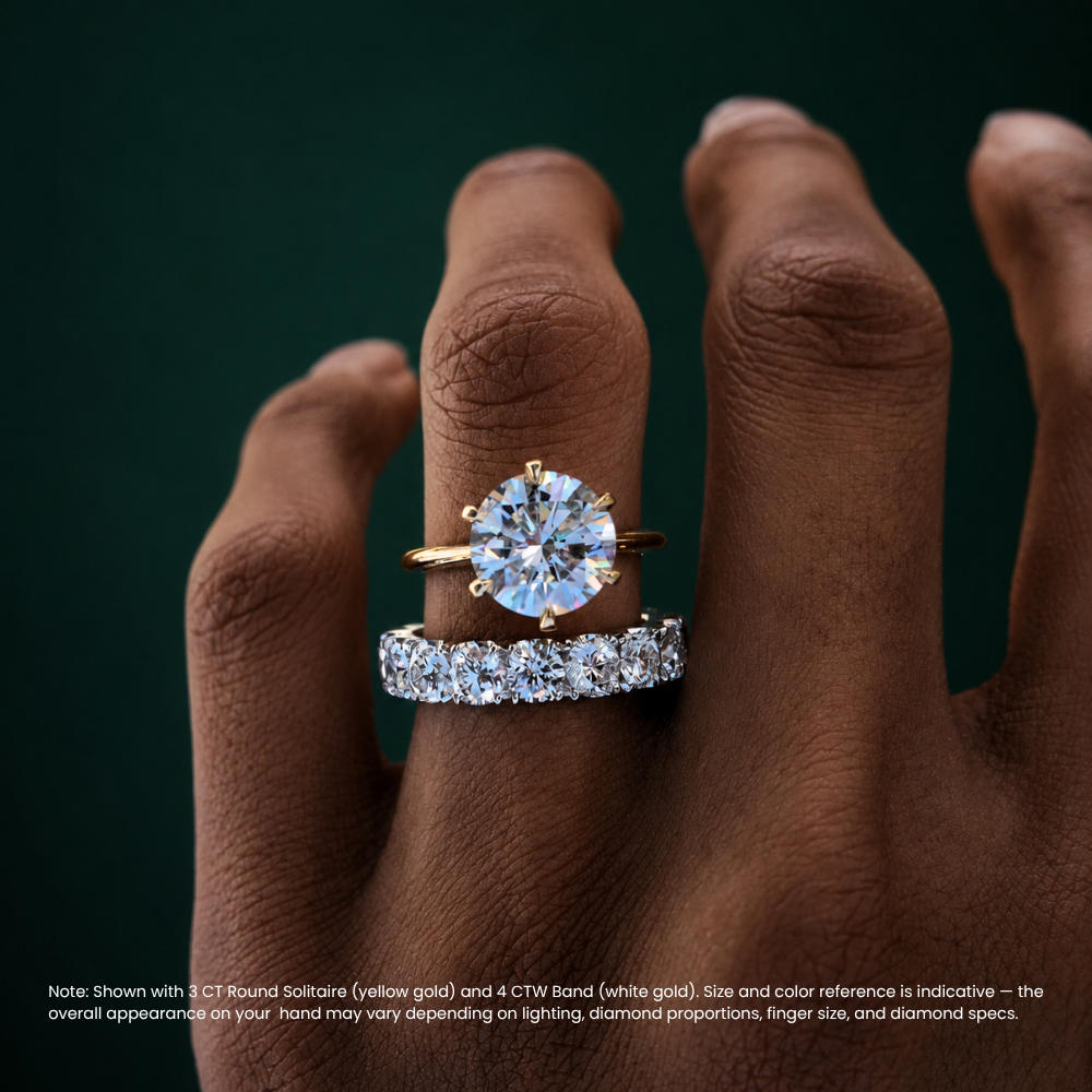 Round Solitaire Six Prongs Tulip Setting and Round Eternity Band Lab Grown Diamond Ring Set (2 Rings) in 18K Gold