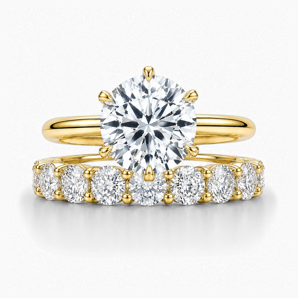 Round Solitaire Six Prongs Tulip Setting and Round Eternity Band Lab Grown Diamond Ring Set (2 Rings) in 18K Gold