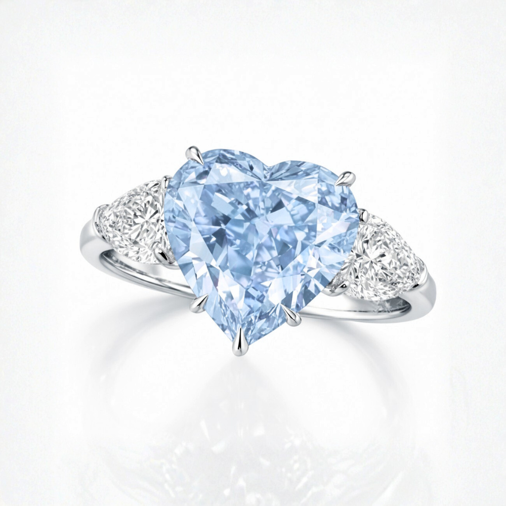 Trilogy Fancy Colored Heart Lab Diamond Ring (Pear Side Diamonds) in White Gold 18K